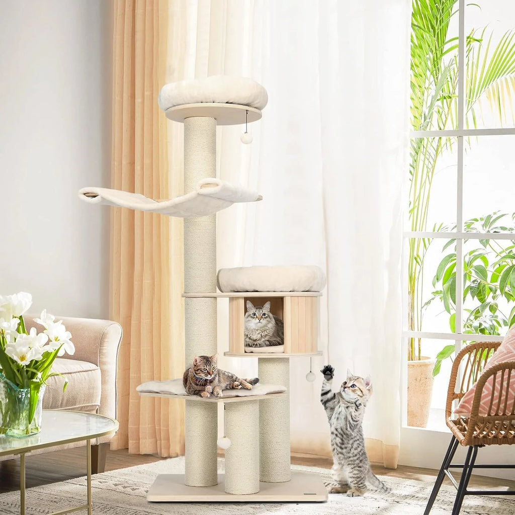 Large cat tree, multi-level tower with sisal posts, hammock, hanging basket and removable washable mats, perfect for large cats
