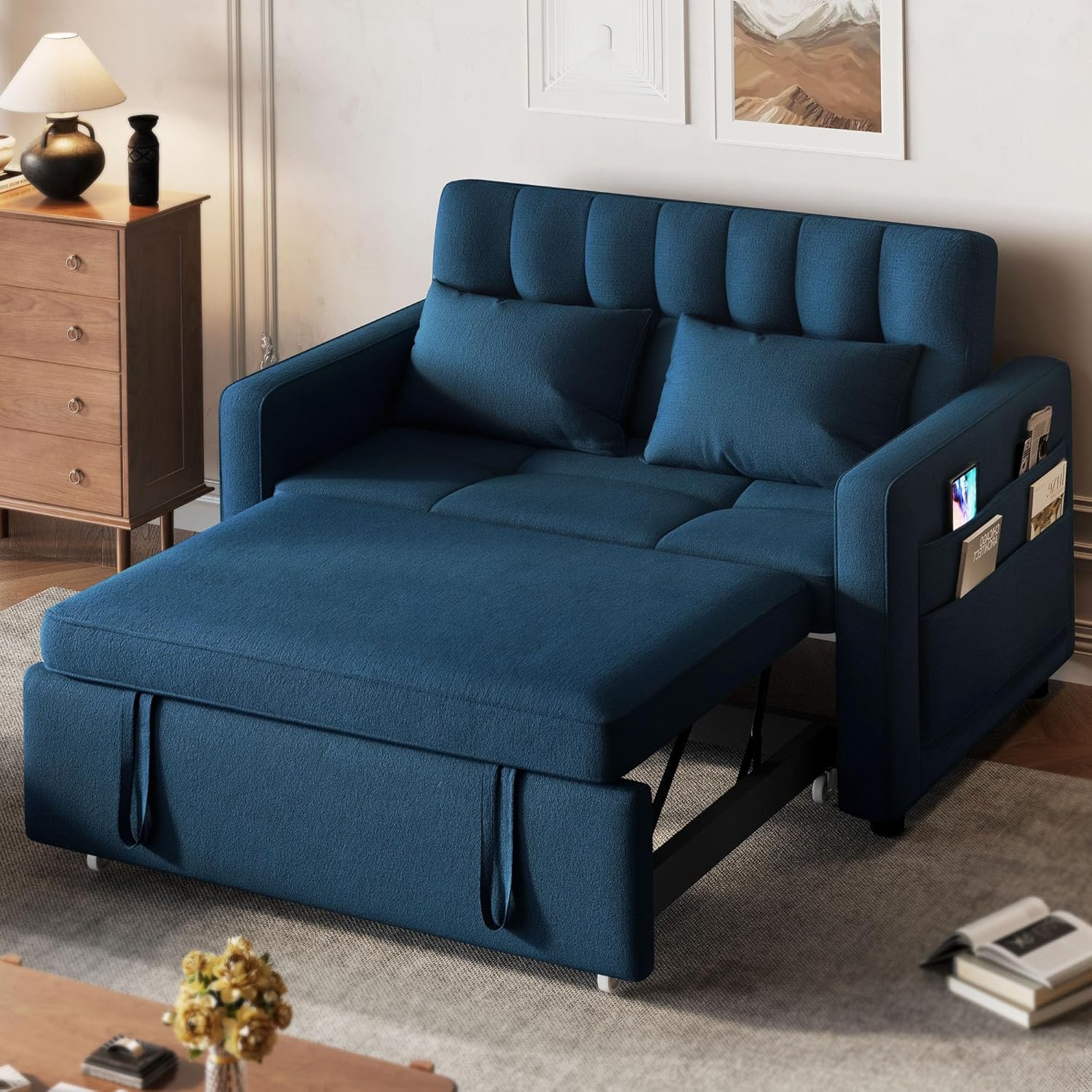 DWVO 3-in-1 Convertible Sofa Bed, 55 Sleeper Sofa with Pull-Out Bed, Cat-Scratch-Proof Fabric Futon Couch with Adjustable Backrest and Side Pocket, Loveseat for Living Room Apartment, Grey