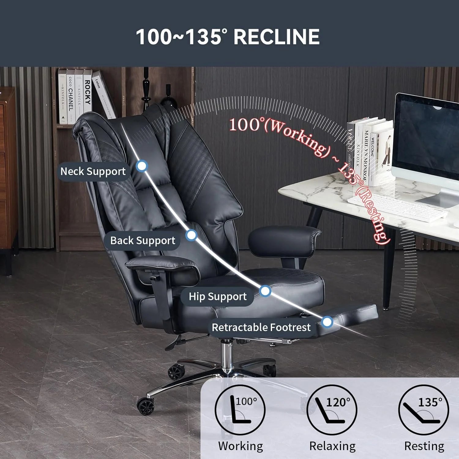 Large Tall Office Chair 400 lbs Wide Seat, Leather High Back Executive Office Chair with Footrest, Ergonomic Office Chair Lumbar Support to Relieve Lower Back Pain (Beige)
