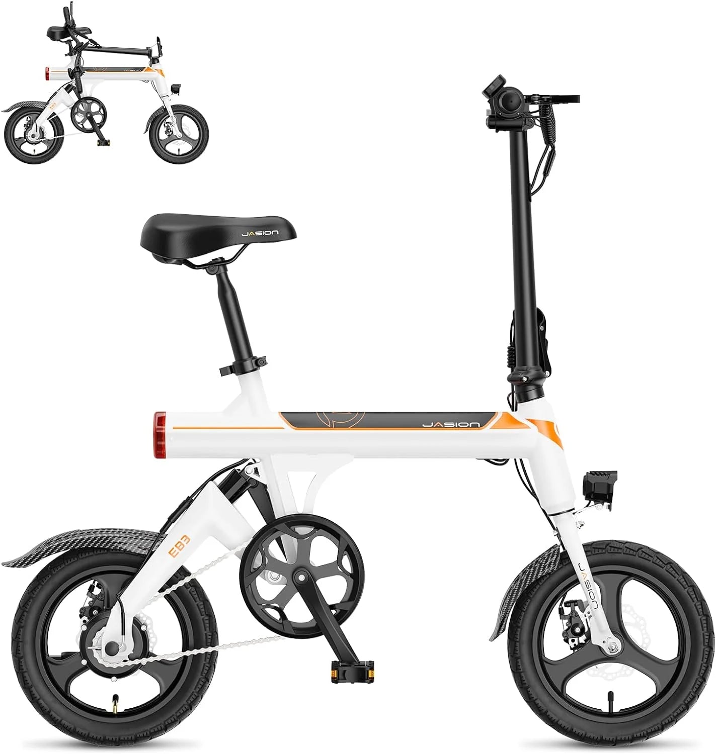 Jasion EB3 Electric Bike Adults 21mph, 500W Peak Motor, 270Wh Battery, Rear Suspension, 3 Levels Assist, 14′′ Folding Ebike for Adults and Teens, Complies to UL2849