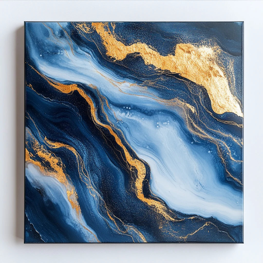 Large Abstract Canvas Print - Navy Blue & Gold Foil Wall Decor - Modern Framed Artwork for Living Room, Bedroom & Office - Ready to Hang