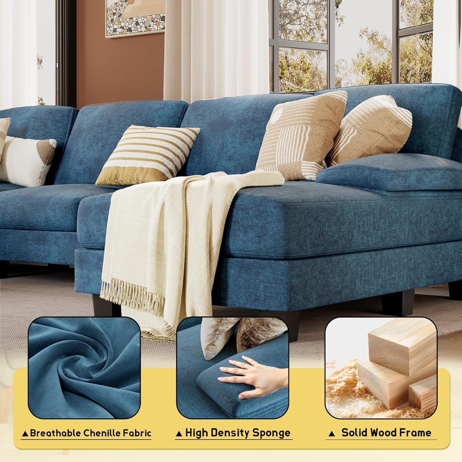 JUMMICO Sectional Couches for Living Room, U Shaped Couch with Chenille Fabric, 4 Seat Modern Sofa with Removable Pillows for Apartment and Small Space (Fabric, Grey)
