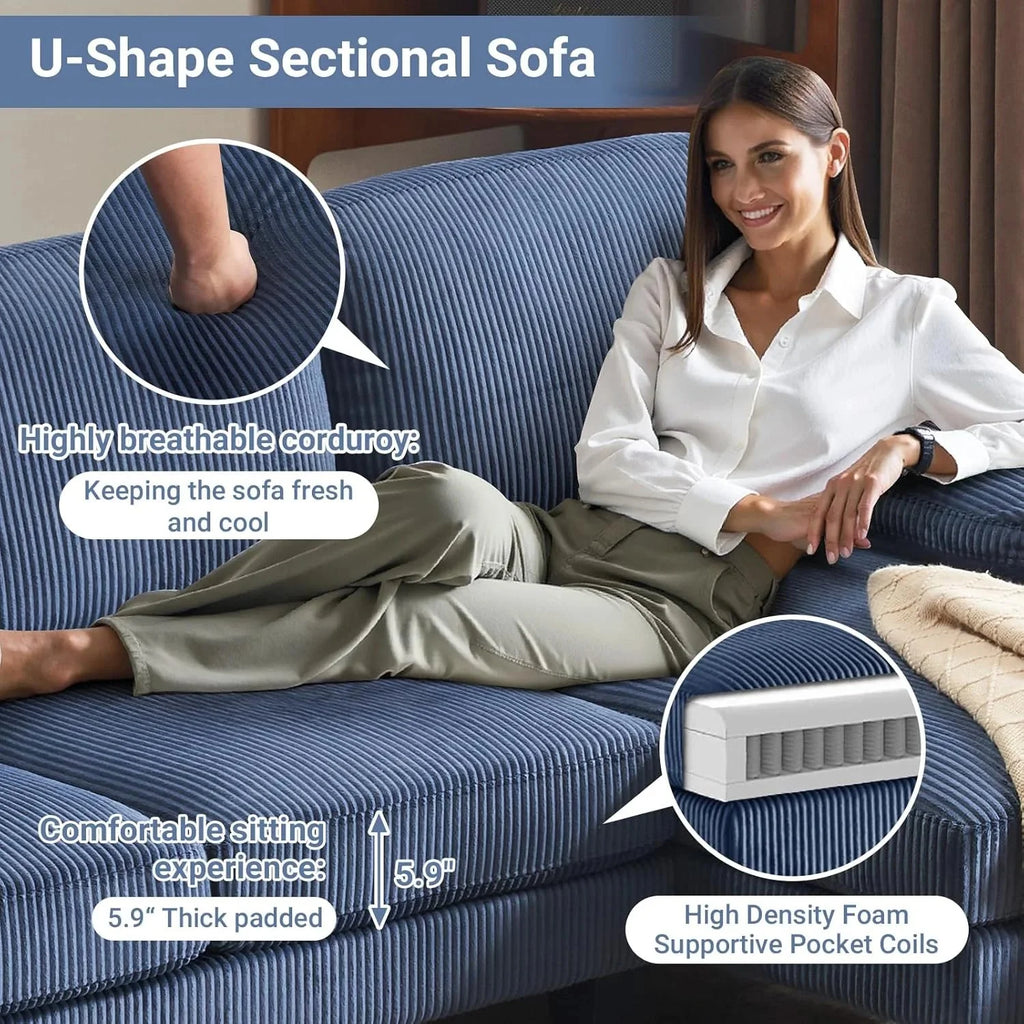 VINGLI 110 Sectional Couches for Living Room,U Shaped Couch with Double Chaise, 4-Seat Sofa Set with Chenille Fabric for Home Furniture,Beige
