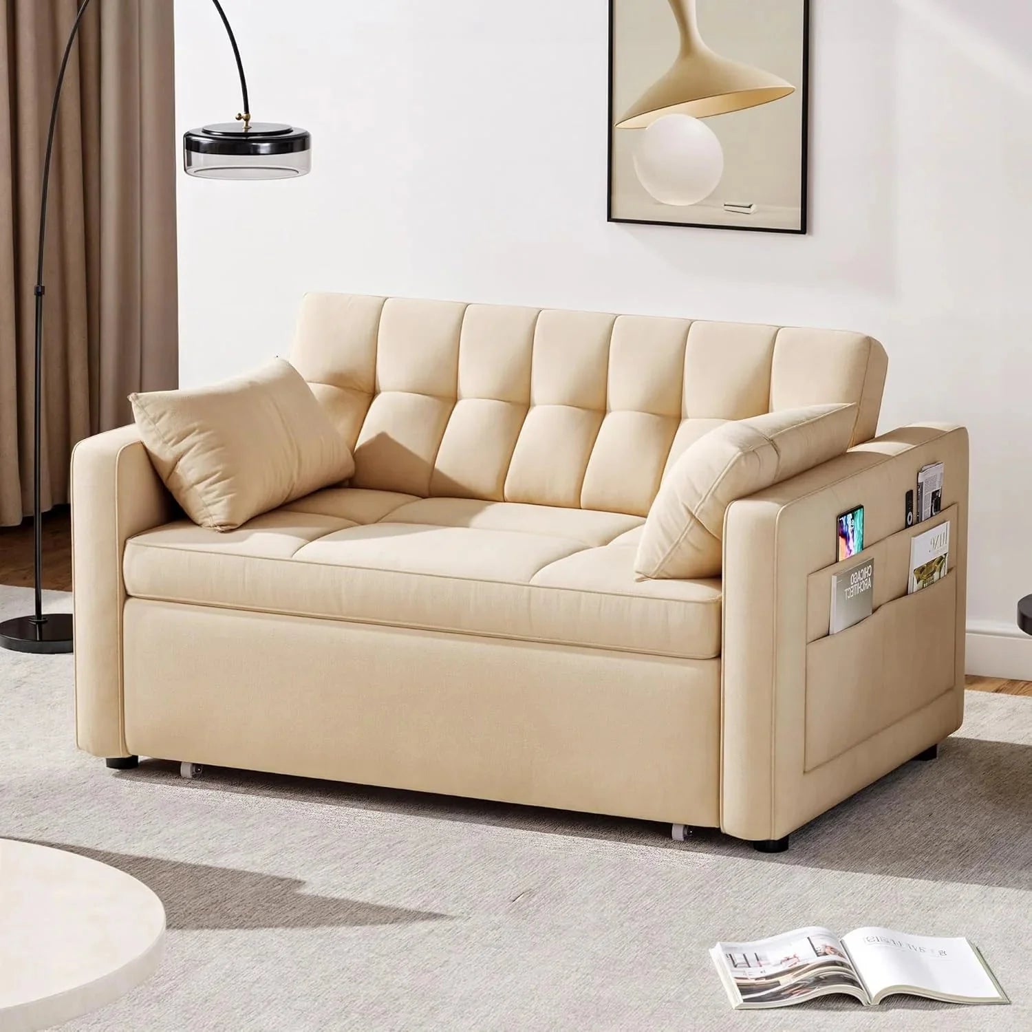 DWVO 3-in-1 Convertible Sofa Bed, 55 Sleeper Sofa with Pull-Out Bed, Cat-Scratch-Proof Fabric Futon Couch with Adjustable Backrest and Side Pocket, Loveseat for Living Room Apartment, Grey