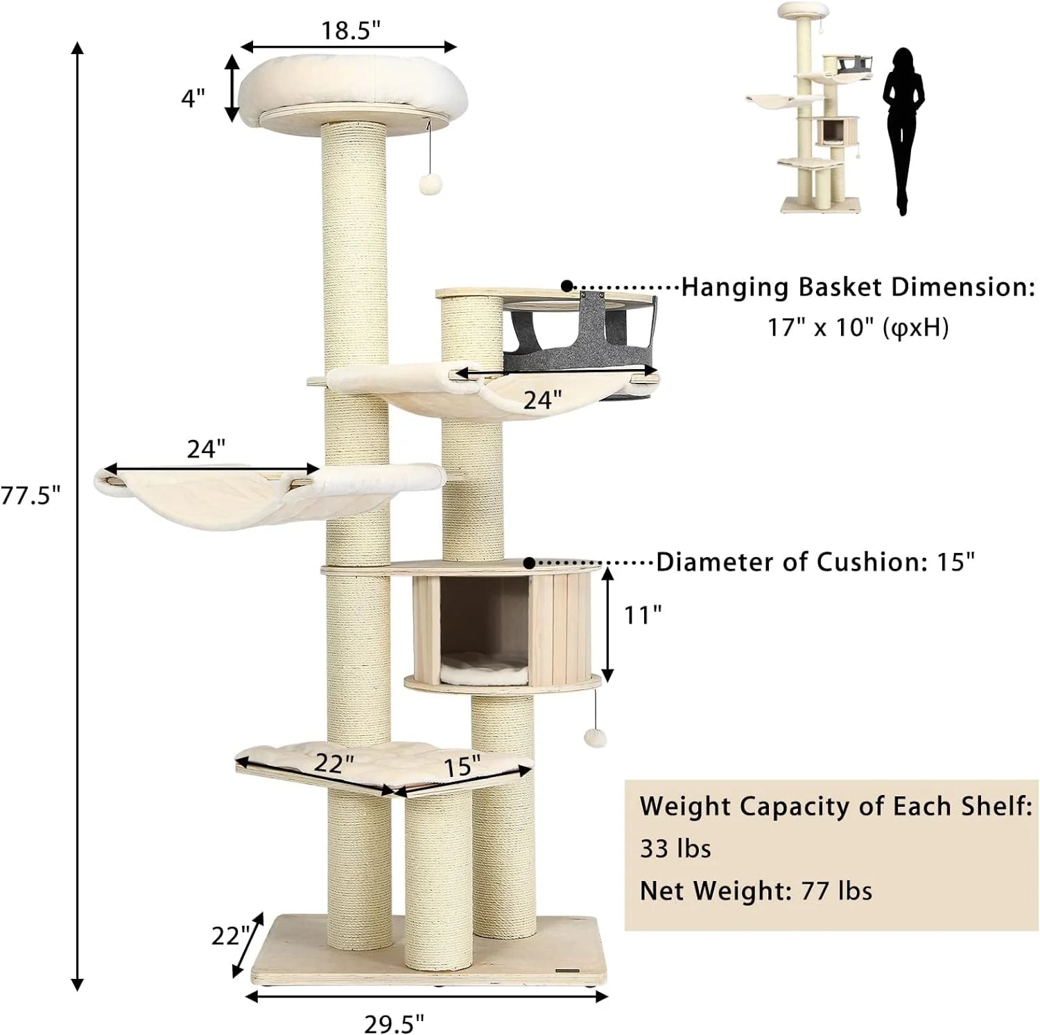 Large cat tree, multi-level tower with sisal posts, hammock, hanging basket and removable washable mats, perfect for large cats