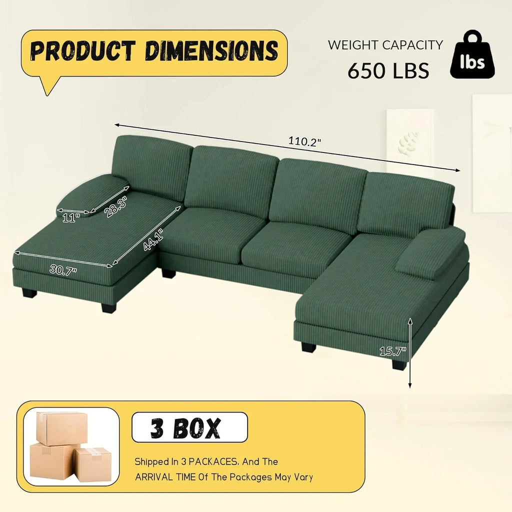 JUMMICO Sectional Couches for Living Room, U Shaped Couch with Chenille Fabric, 4 Seat Modern Sofa with Removable Pillows for Apartment and Small Space (Fabric, Grey)