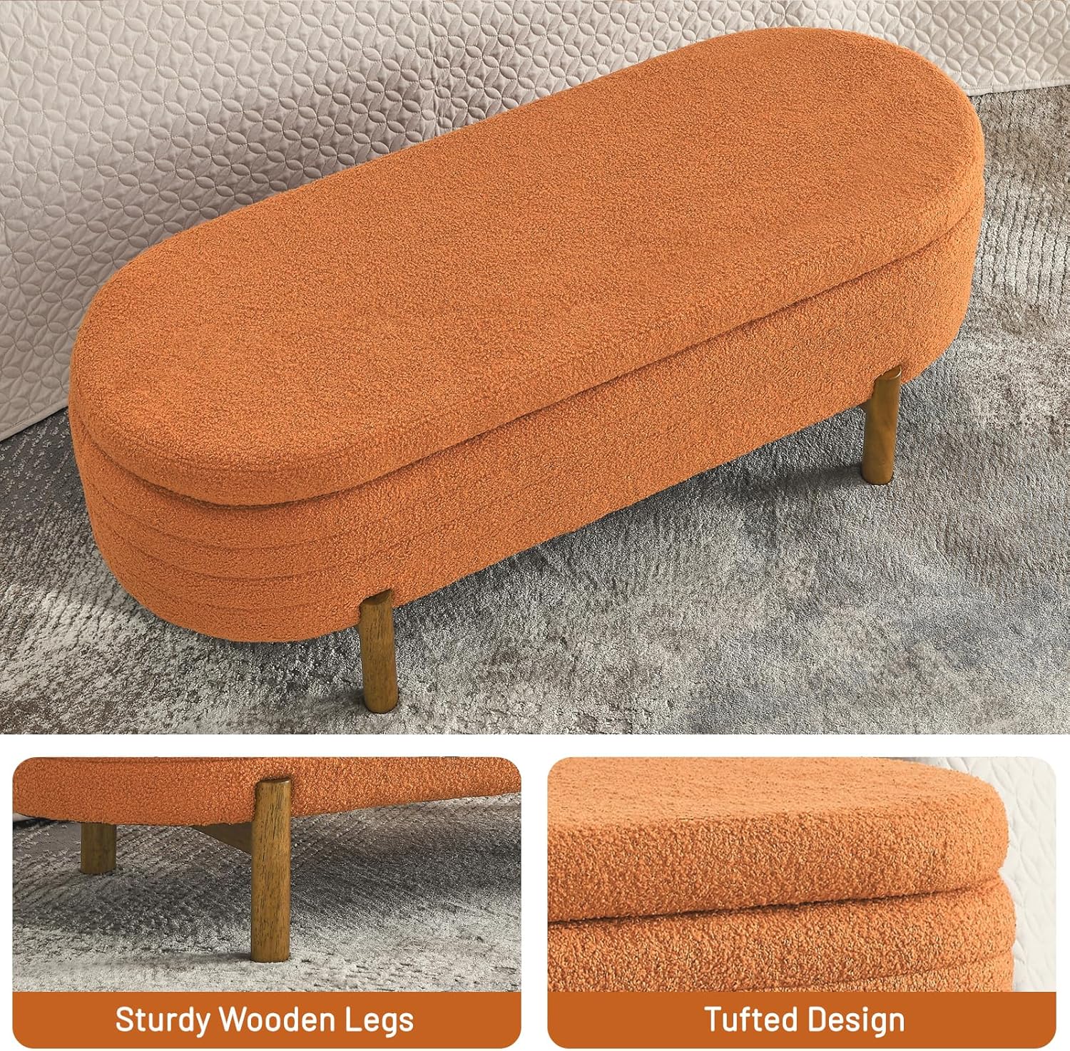 Furniliving Modern Storage Ottoman Bench, Sherpa Ottoman End of Bed Bench with Solid Wood Legs Upholstered Ottoman Benches with Storage Indoor Bench for Living Room with Rolled Arm, Entryway, White