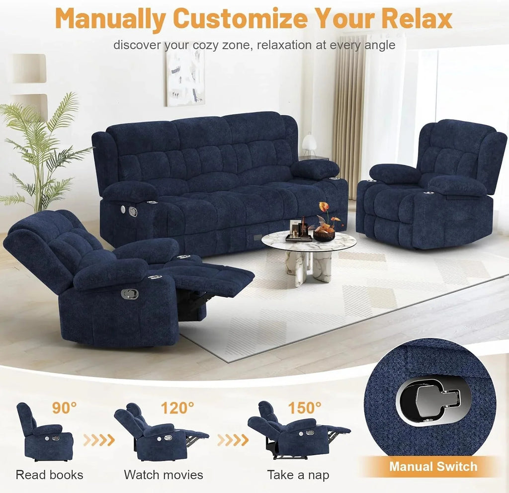 3 Seat Reclining Sofa with Storage Drawer USB Ports & Cup Holders Manual Couch