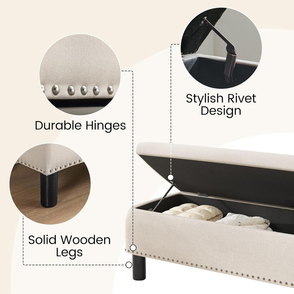 Furniliving Modern Storage Ottoman Bench, Sherpa Ottoman End of Bed Bench with Solid Wood Legs Upholstered Ottoman Benches with Storage Indoor Bench for Living Room with Rolled Arm, Entryway, White