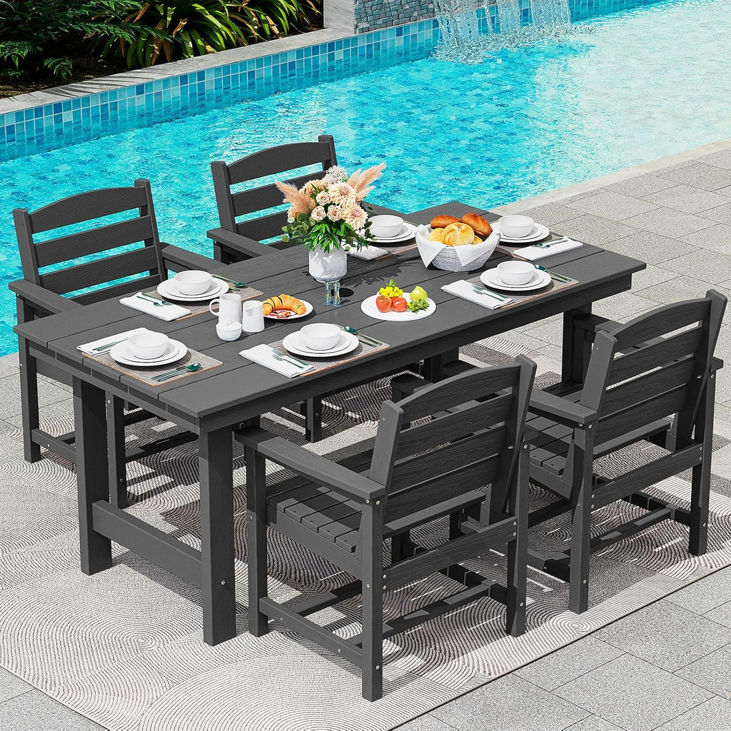 SERWALL 7-Piece Patio Table Set, Outdoor HDPE Dining Furniture with Umbrella Hole, All Weather Table and Chairs for Lawn, Garden, Poolside, Aruba