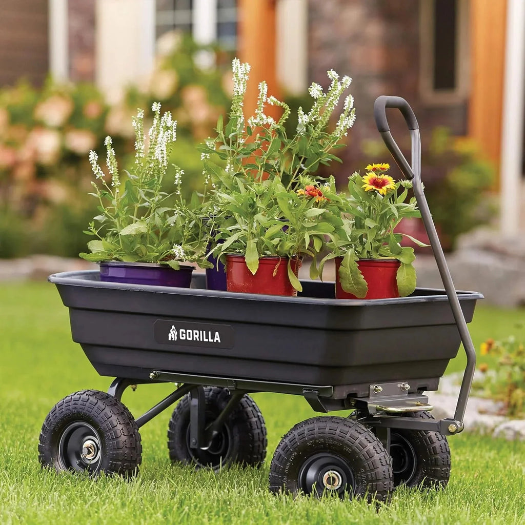 Heavy Duty Poly Utility Dump Wagon Garden Cart w/Pneumatic Tires, 6 Cu Ft - 1200 lb Capacity Outdoor Wheelbarrow for Yard, Landscaping & Gardening, Lawn Tractor or ATV Towable-Gorilla Carts