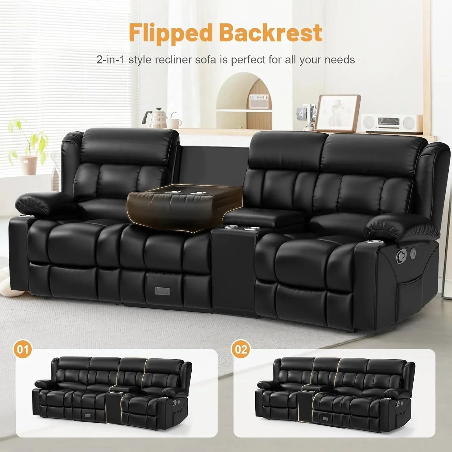 3 Seat Reclining Sofa with Storage Drawer USB Ports & Cup Holders Manual Couch