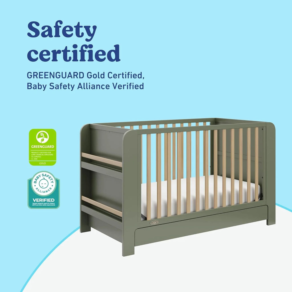Graco Read-with-Me 4-in-1 Convertible Crib with Drawer, Olive/Driftwood