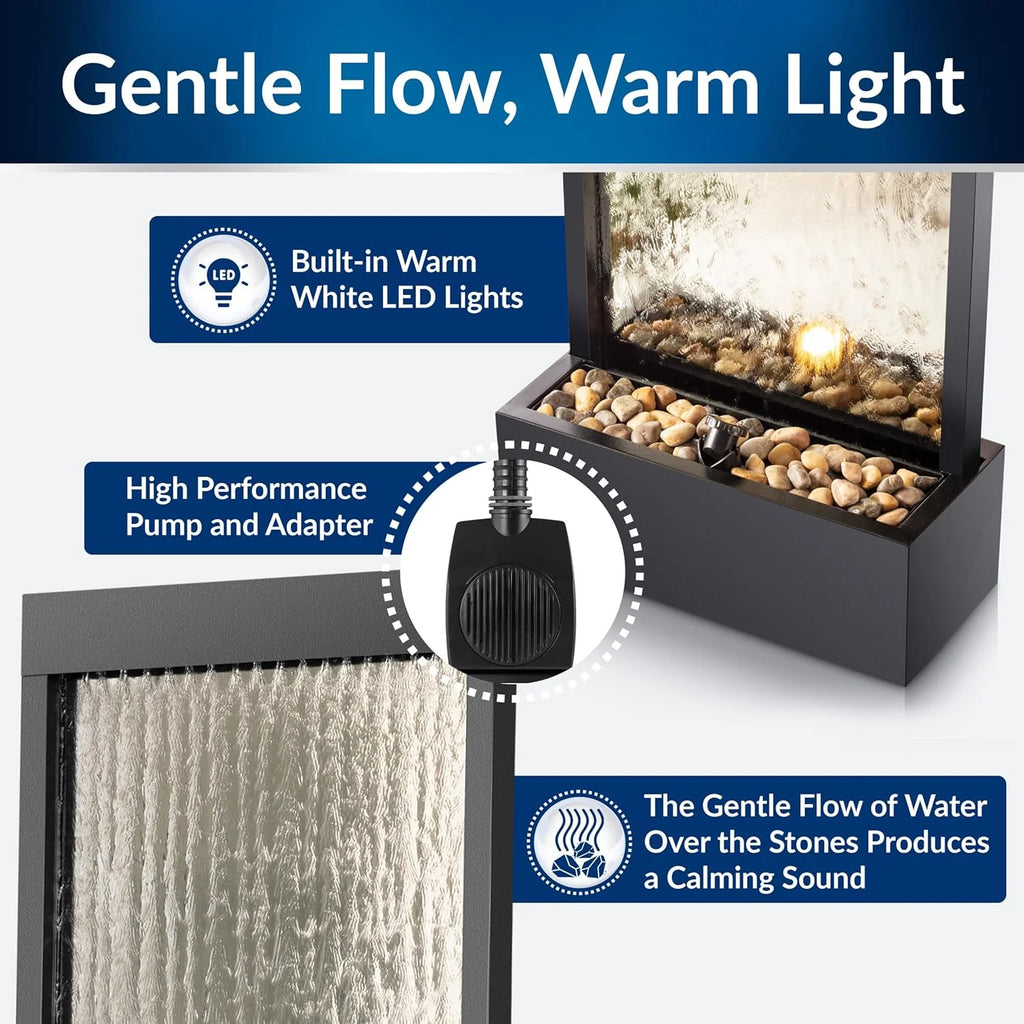 Alpine Mirror Waterfall Fountain with Stones & Lights, 72, Indoor/Outdoor Zen Decor
