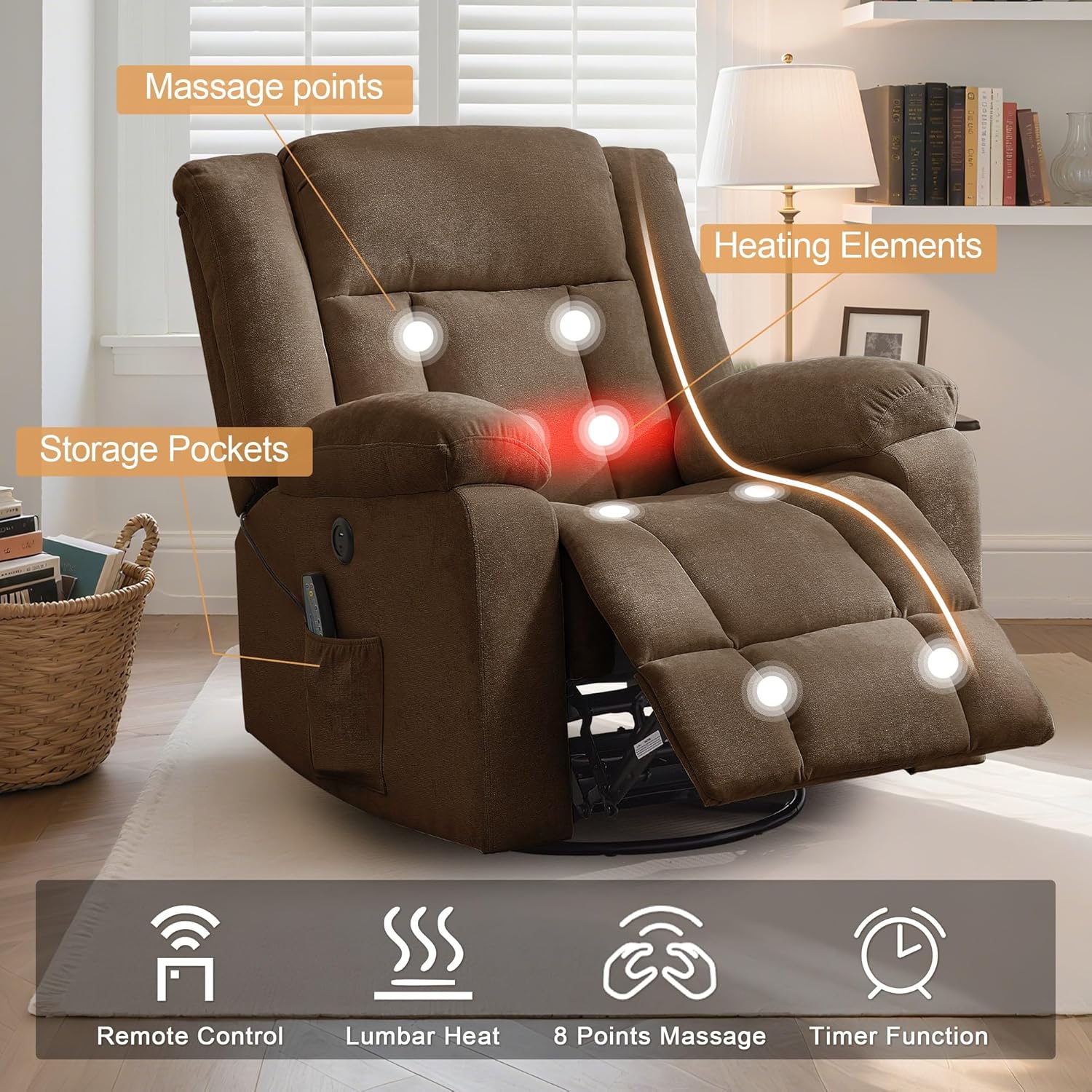 Rocker Recliner, Glider Recliner Chairs for Adults, 360° Swivel Rocking Chair with Massage and Heating, Nursery Chair with Storage and USB Charging for Living Room, Bedroom, Nursery