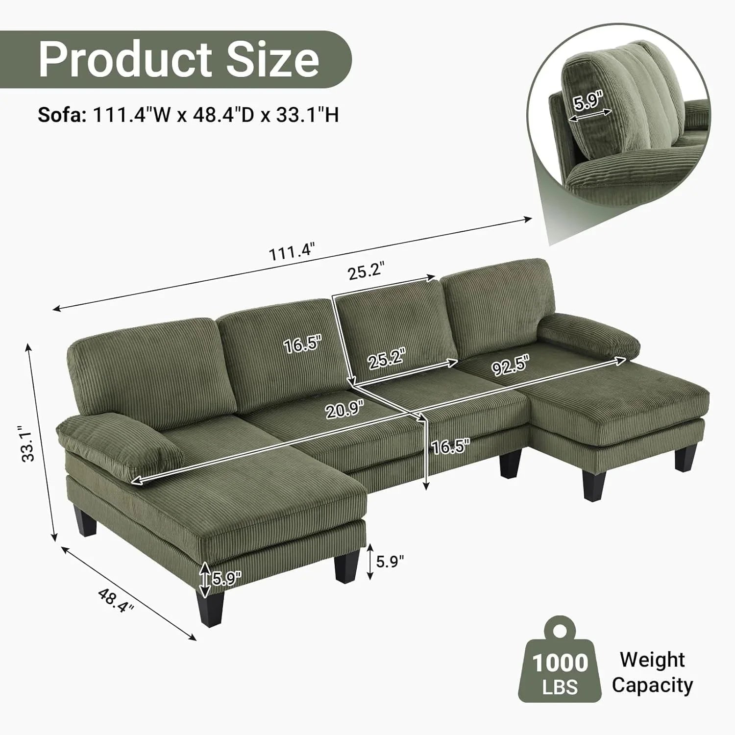 VINGLI 110 Sectional Couches for Living Room,U Shaped Couch with Double Chaise, 4-Seat Sofa Set with Chenille Fabric for Home Furniture,Beige