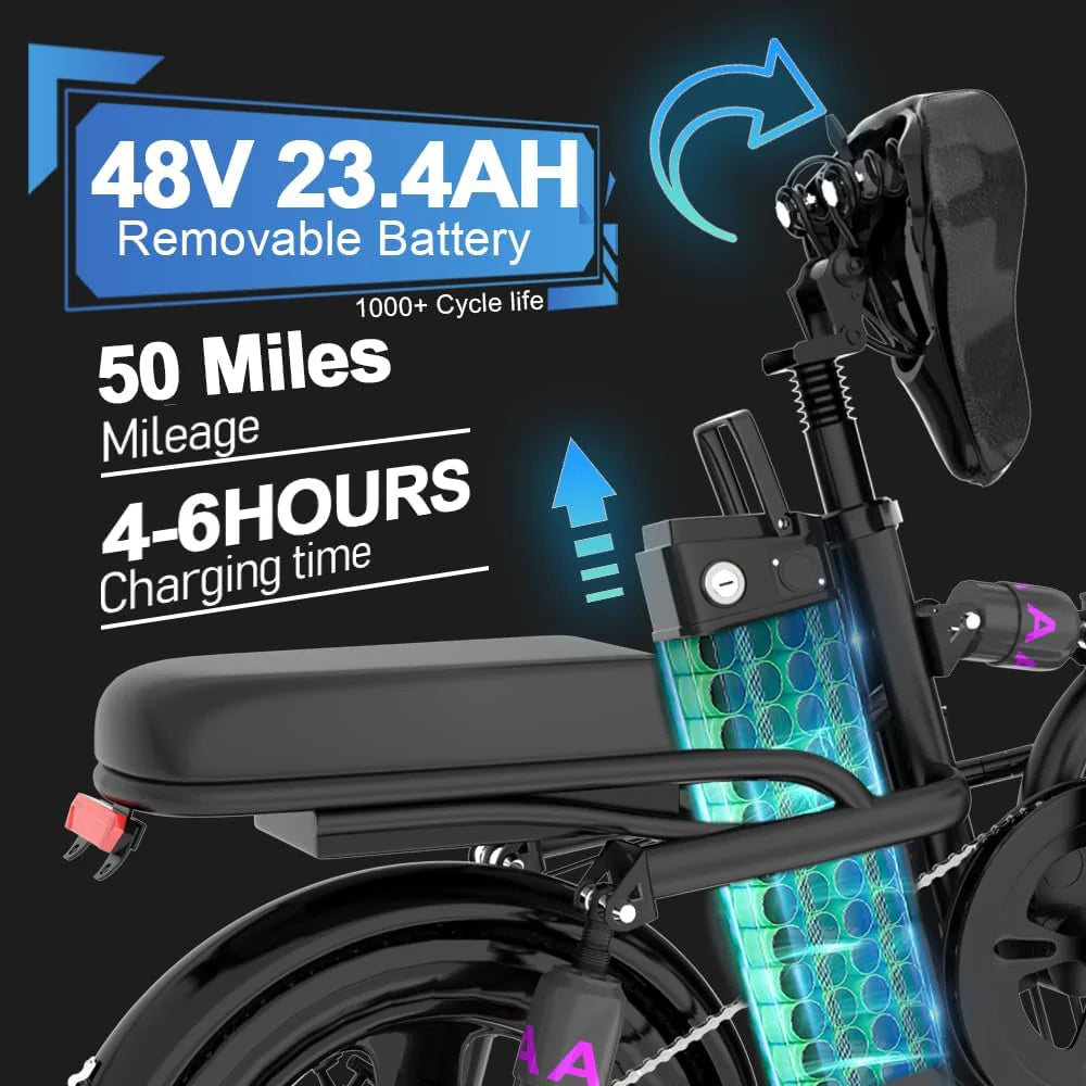 Folding Electric Bike for Adult 400W Brushless Motor Ebike with 48v30A 1440WH Removable Battery UP to 23Mph, 14 Fat Tire City Commuter Ebike,70Miles