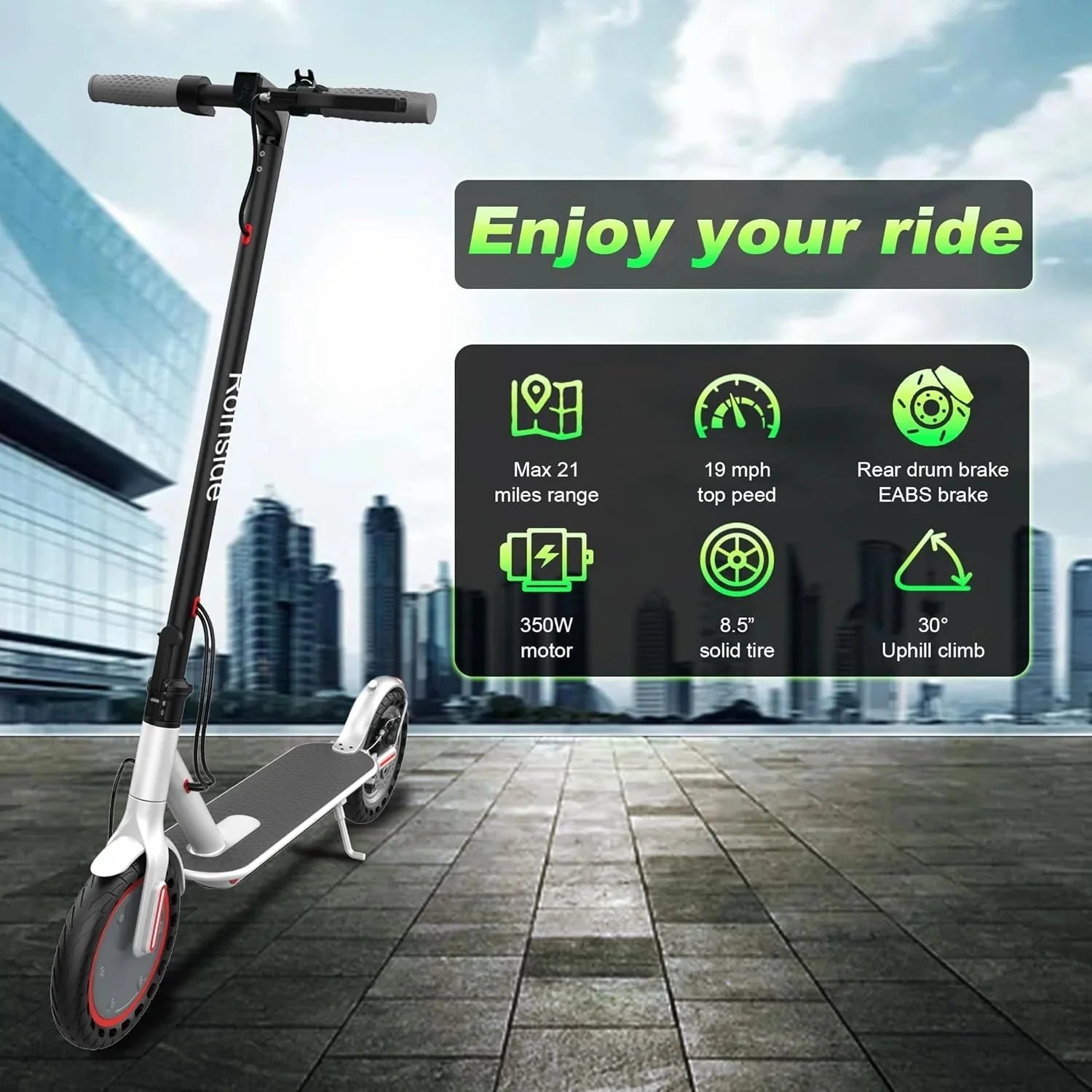 Electric Scooter - 8.5 Solid Tires, 350W Motor, Up to 19 MPH and 21-23 Miles Long-Range Portable Foldable Commuting Scooter for Adults with Double Braking System and App