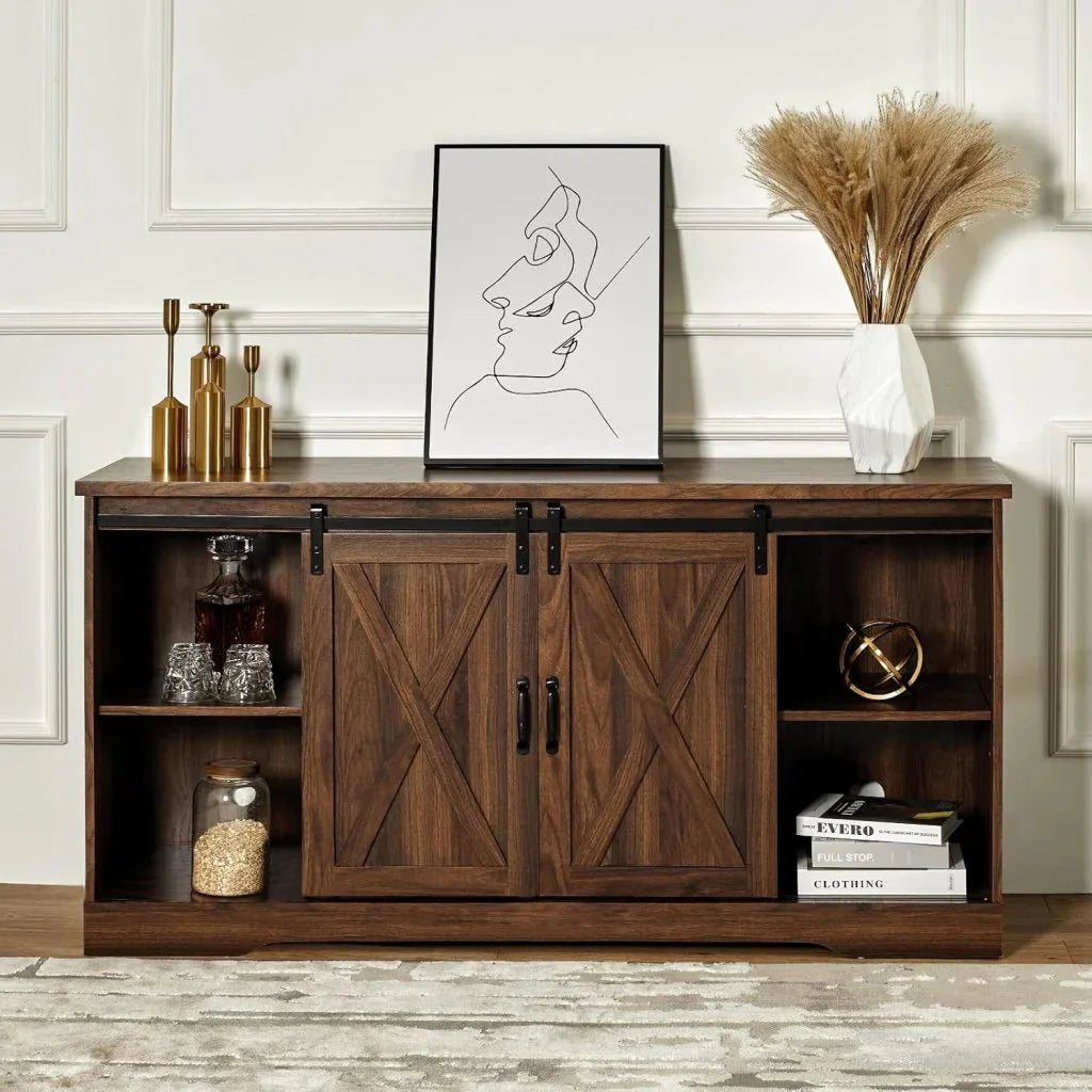 AMERLIFE Fireplace TV Stand with Sliding Barn Door for TVs up to 73, Farmhouse 63 Fireplace Entertainment Center with Storage Cabinets/Adjustable Shelves