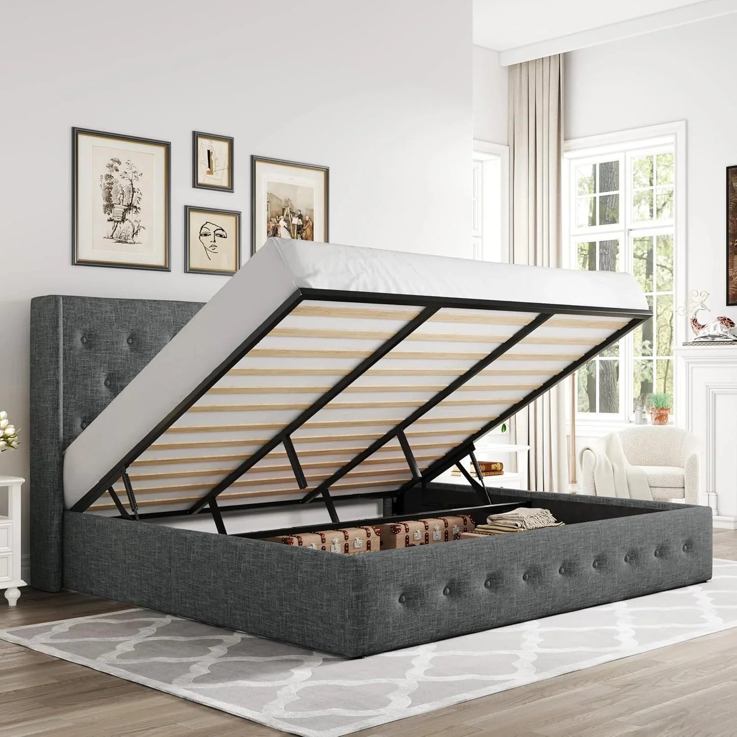 Allewie Queen Size Lift Up Storage Bed, Modern Wingback Headboard, Hydraulic Support, No Box Spring Needed, Light Beige