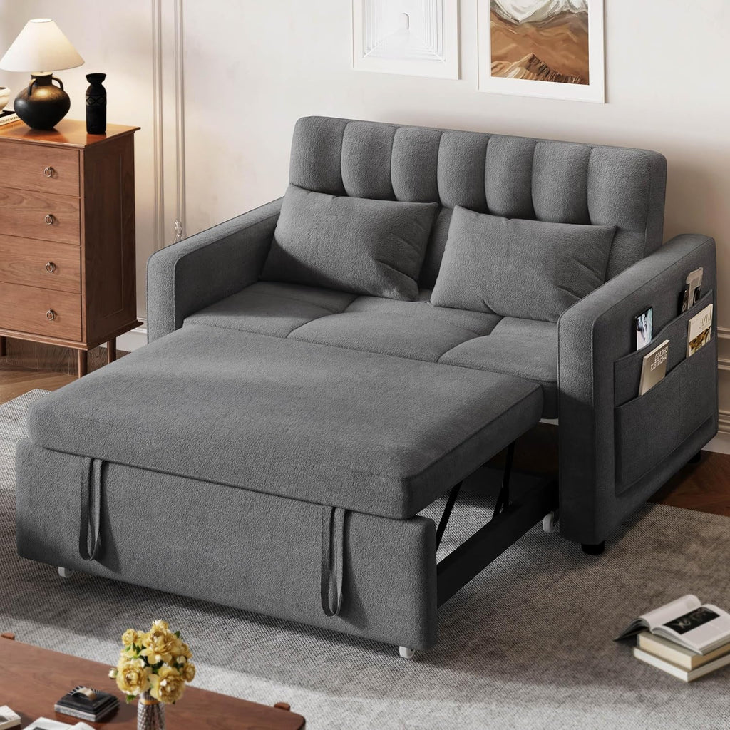 DWVO 3-in-1 Convertible Sofa Bed, 55 Sleeper Sofa with Pull-Out Bed, Cat-Scratch-Proof Fabric Futon Couch with Adjustable Backrest and Side Pocket, Loveseat for Living Room Apartment, Grey