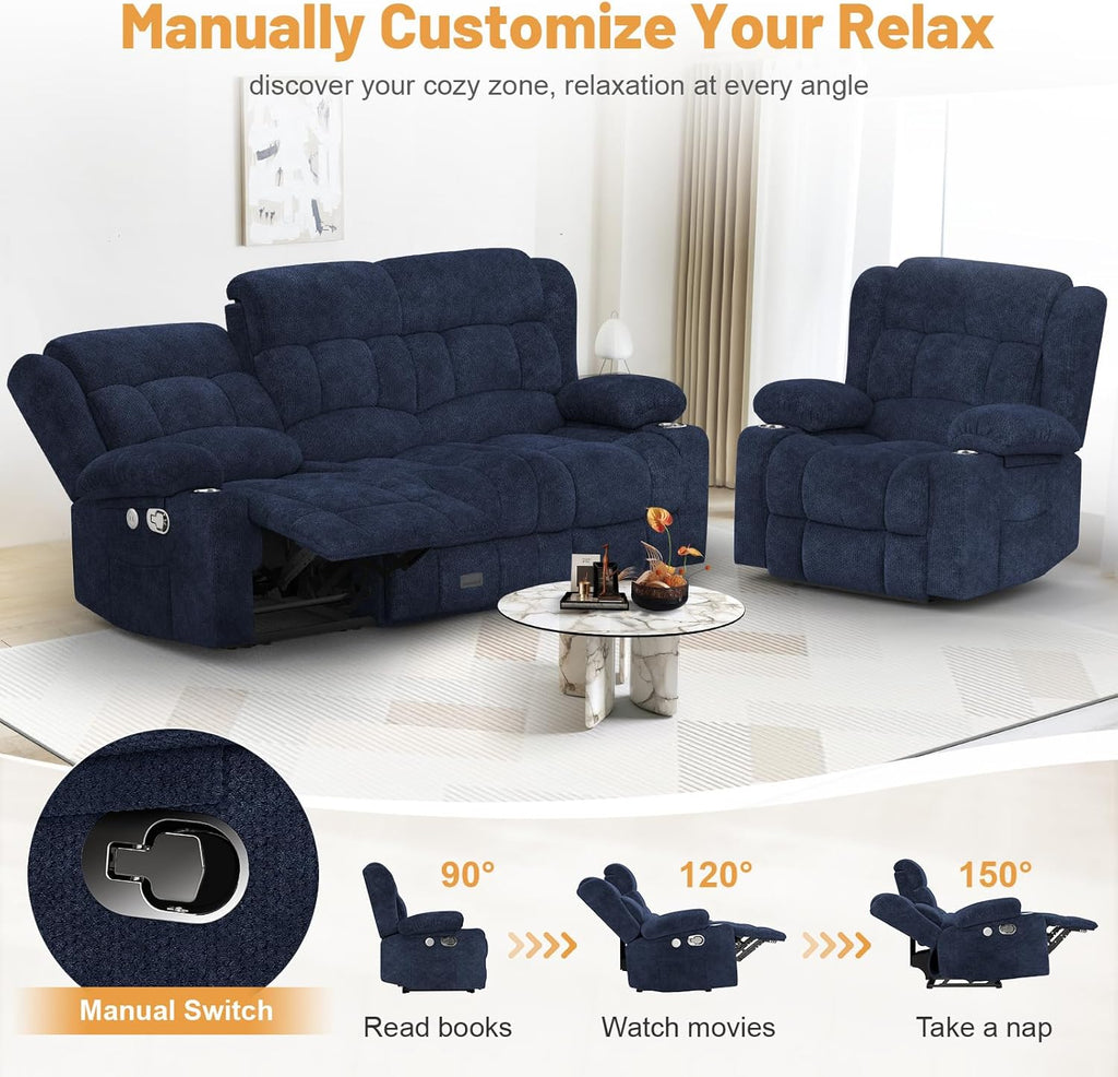 3 Seat Reclining Sofa with Storage Drawer USB Ports & Cup Holders Manual Couch