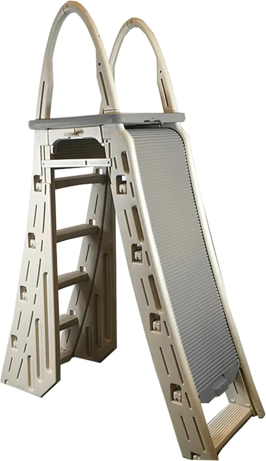 Confer Plastics 7200 Roll Guard 48 to 56 Adjustable A Frame Safety Ladder for Above Ground Outdoor Patio Swimming Pool Platform Ladder with Step Barrier, Warm Grey…