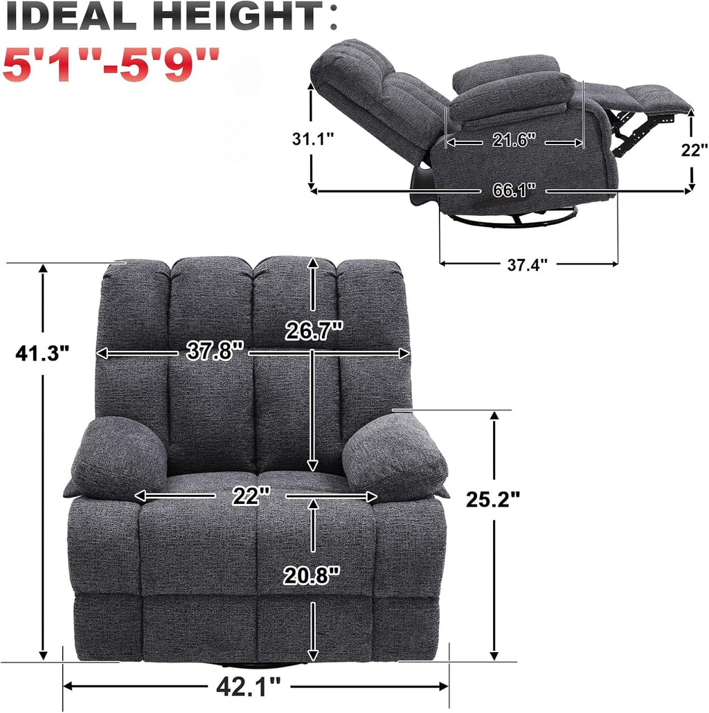 Oversized Swivel Recliner Chair for Big Man Grey