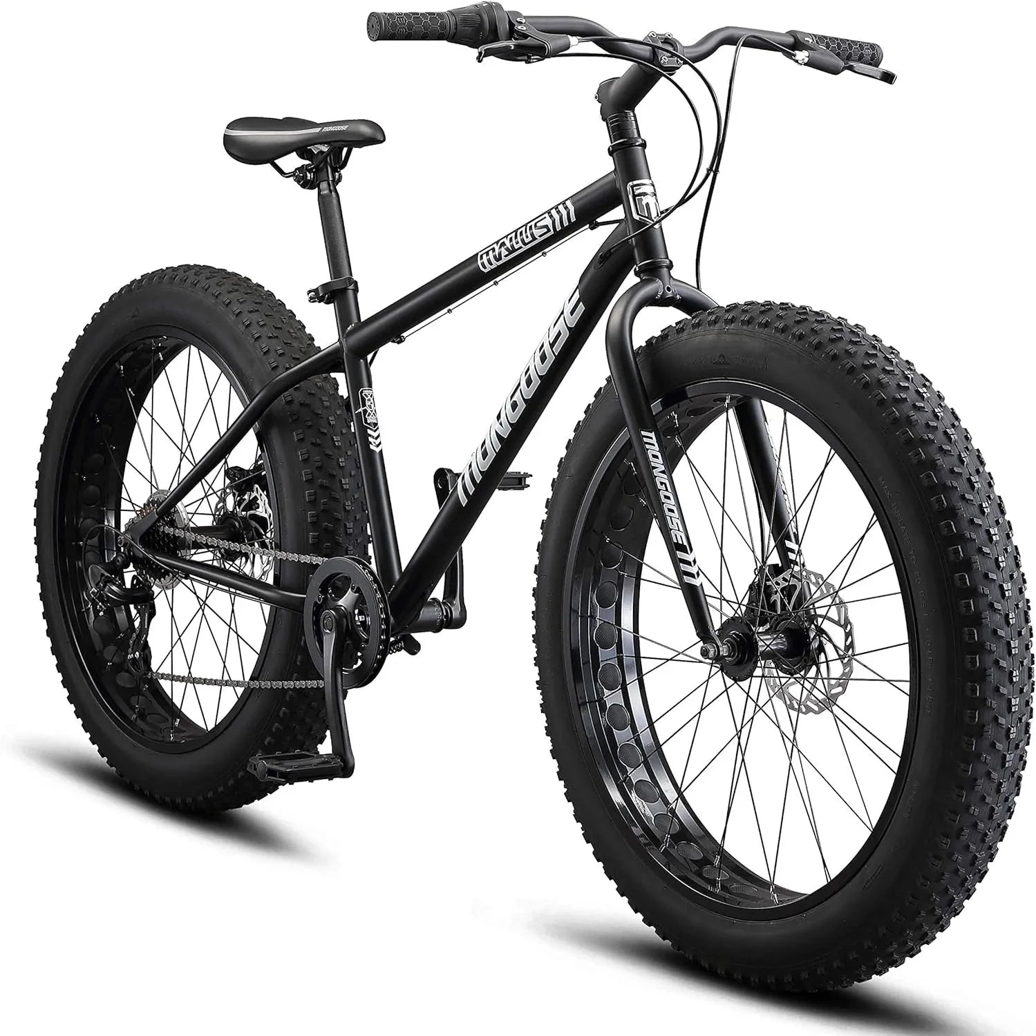 Malus Mens and Women Fat Tire Mountain Bike, 26-Inch Bicycle Wheels, 4-Inch Wide Knobby Tires, Steel Frame, 7 Speed Drivetrain, Shimano Rear Derailleur, Disc Brakes