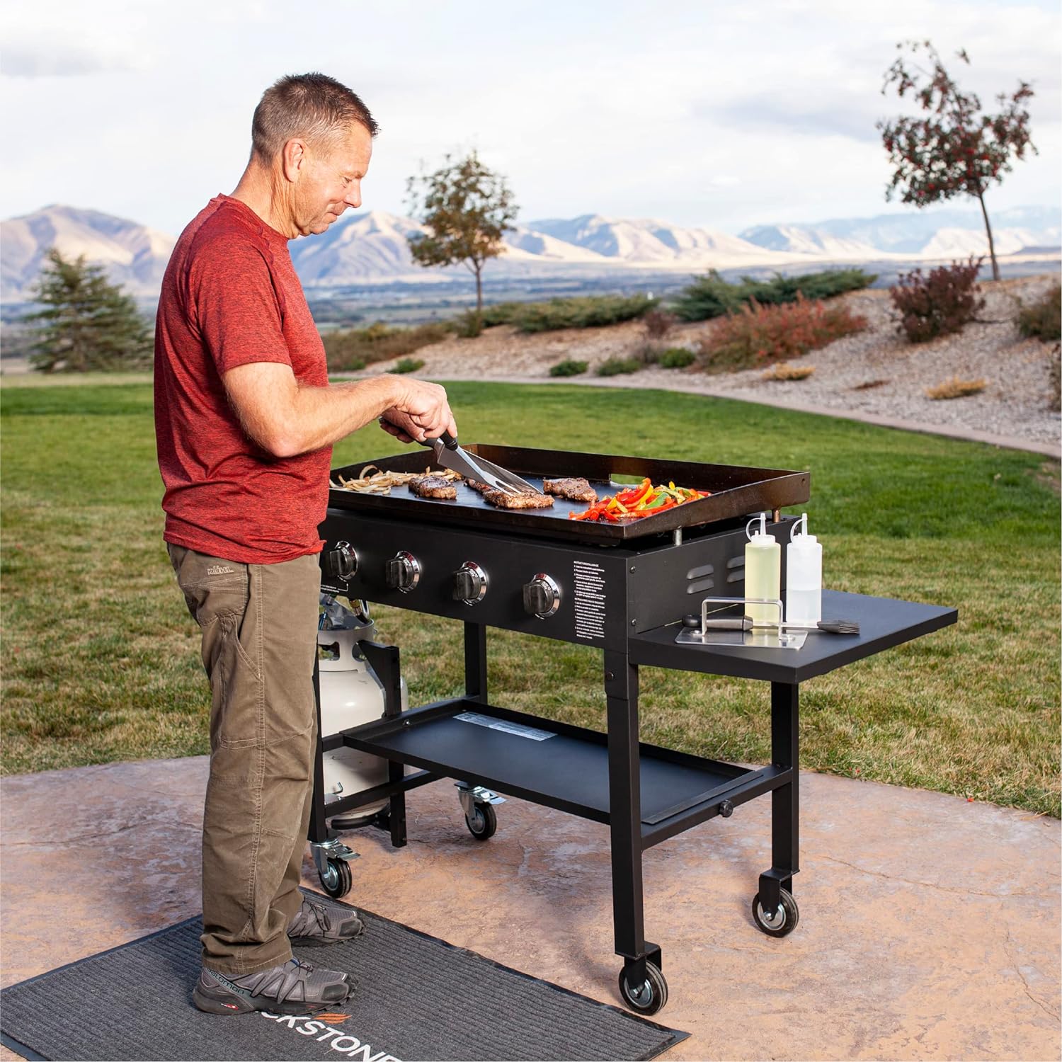 36 Gas Griddle Cooking Station 4 Burner Flat Top Gas Grill Propane Fueled Restaurant Grade Professional 36 Outdoor Griddle Station with Side Stands (1554)