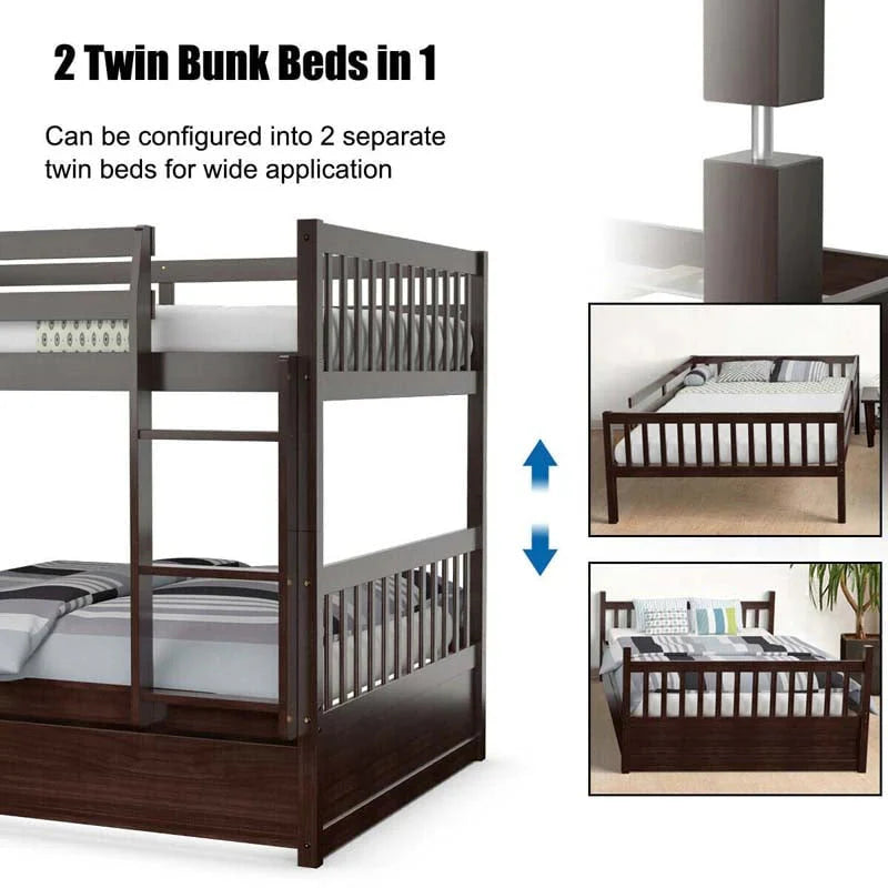 Solid Wood Full Over Full Bunk Bed Frame With Trundle Safety Ladder Amp Guardrails Convertible Bunk Bed For Kids Teens