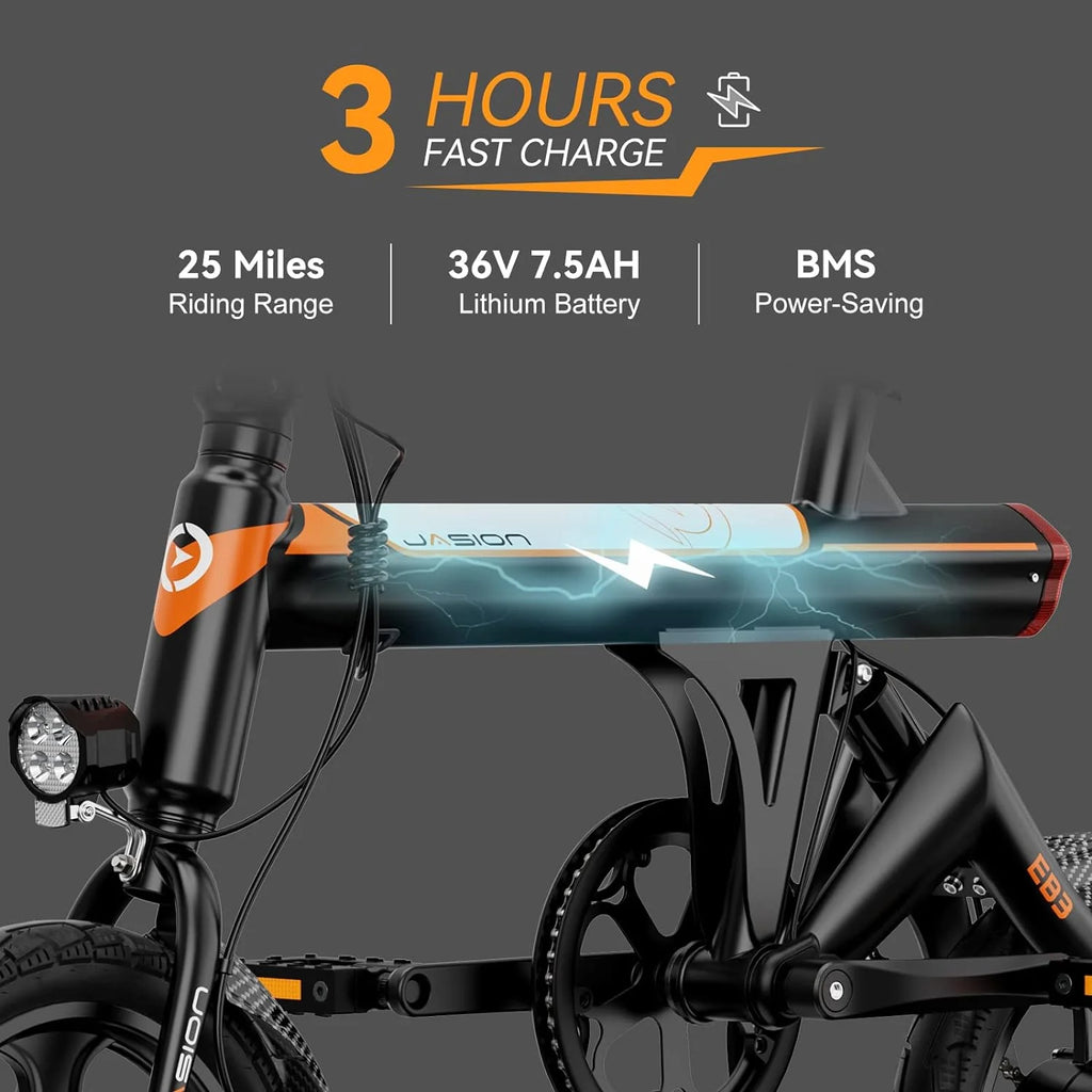 Jasion EB3 Electric Bike Adults 21mph, 500W Peak Motor, 270Wh Battery, Rear Suspension, 3 Levels Assist, 14′′ Folding Ebike for Adults and Teens, Complies to UL2849