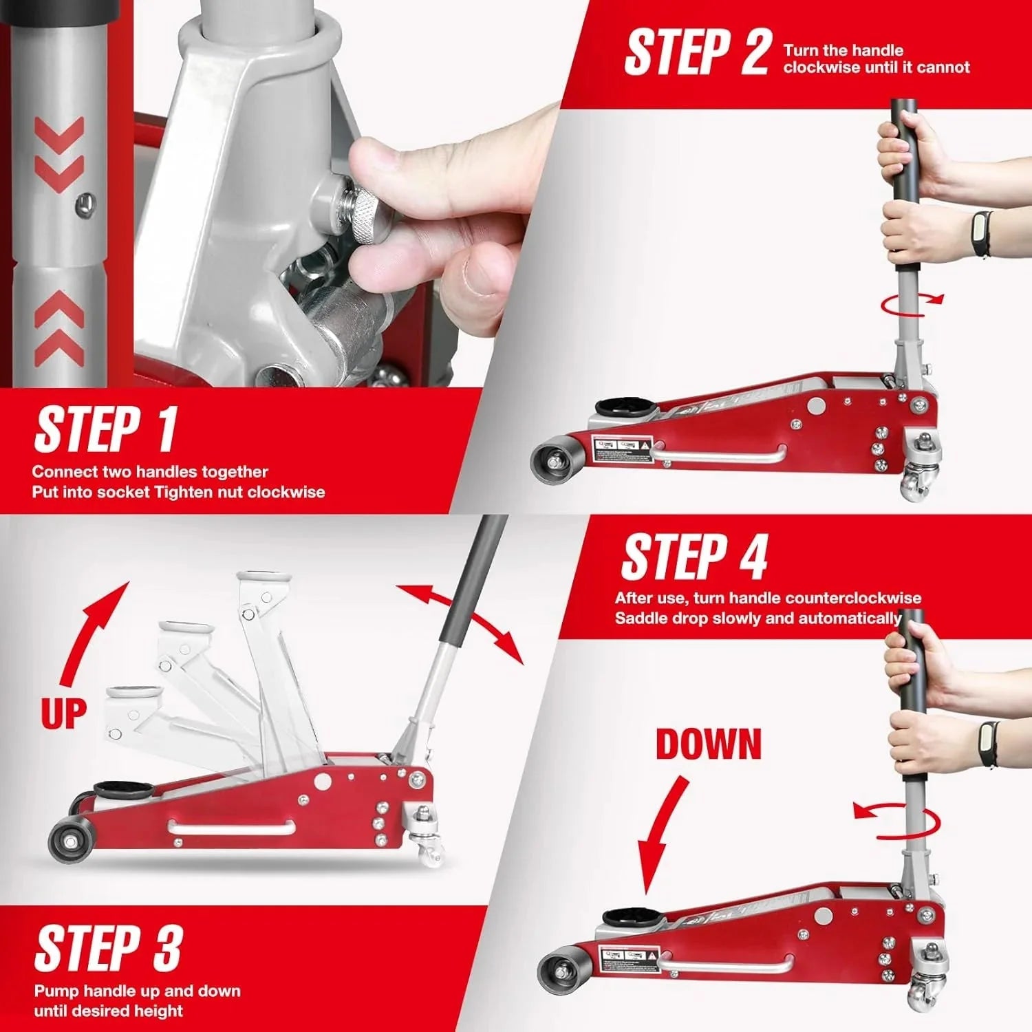 3 Ton Low Profile, Aluminum and Steel Racing Floor Jack with Dual Pistons Quick Lift Pump for Sport Utility Vehicle, Lifting Range 3-15/16 min to 18-5/16 max, Red