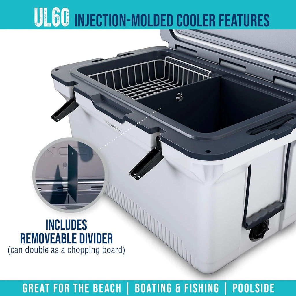 60 QT Ultra-Light Injection Molded Cooler - Ice Chest Keeps Ice up to 7 Days - Large Cooler Includes Wire Basket, Divider and Built-in Bottle Opener