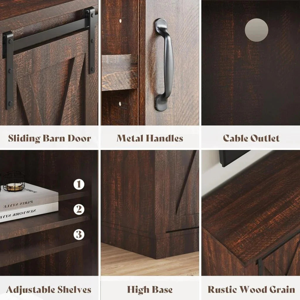 AMERLIFE Fireplace TV Stand with Sliding Barn Door for TVs up to 73, Farmhouse 63 Fireplace Entertainment Center with Storage Cabinets/Adjustable Shelves