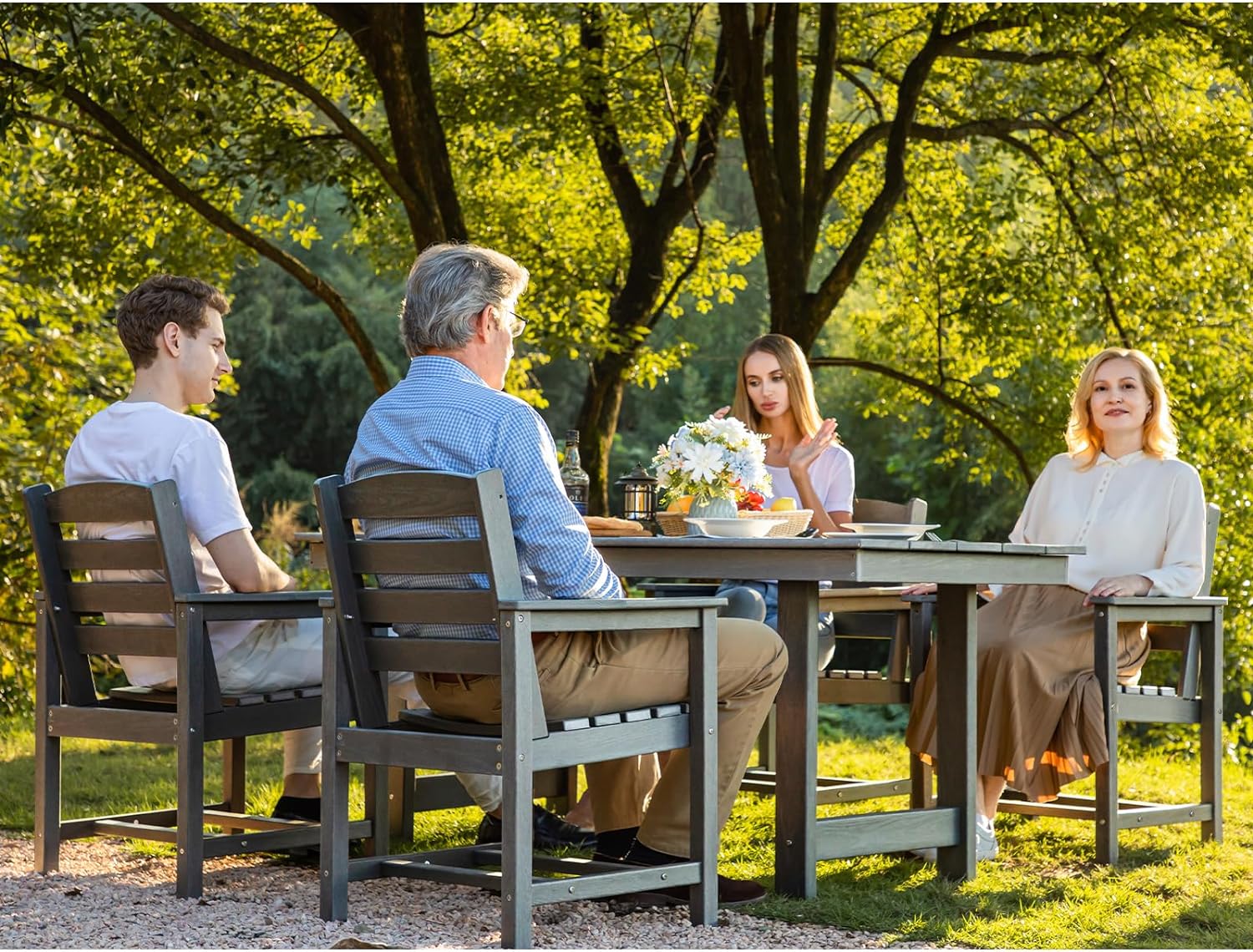 SERWALL 7-Piece Patio Table Set, Outdoor HDPE Dining Furniture with Umbrella Hole, All Weather Table and Chairs for Lawn, Garden, Poolside, Aruba