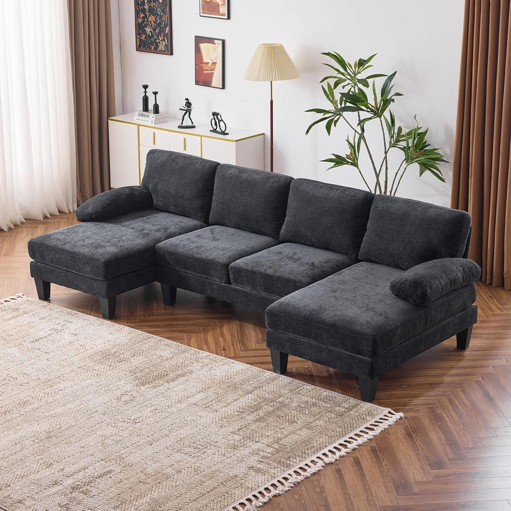 VINGLI 110 Sectional Couches for Living Room,U Shaped Couch with Double Chaise, 4-Seat Sofa Set with Chenille Fabric for Home Furniture,Beige