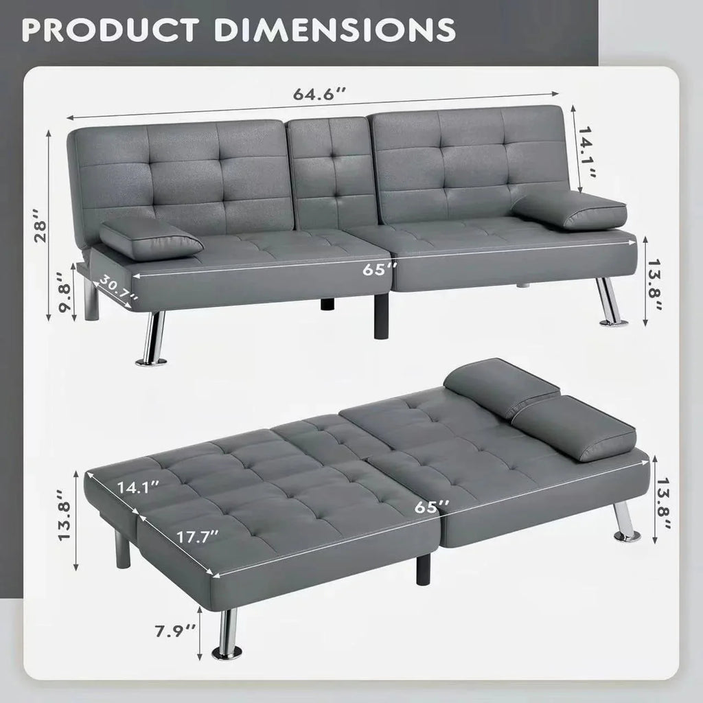 Homall Futon Sofa Bed, Leather Futon Couch with Removable Armrests, Adjustable Recliner Sleeper Sofa Bed with Dual Cup Holders for Living Room, Apartment, Office (Black)