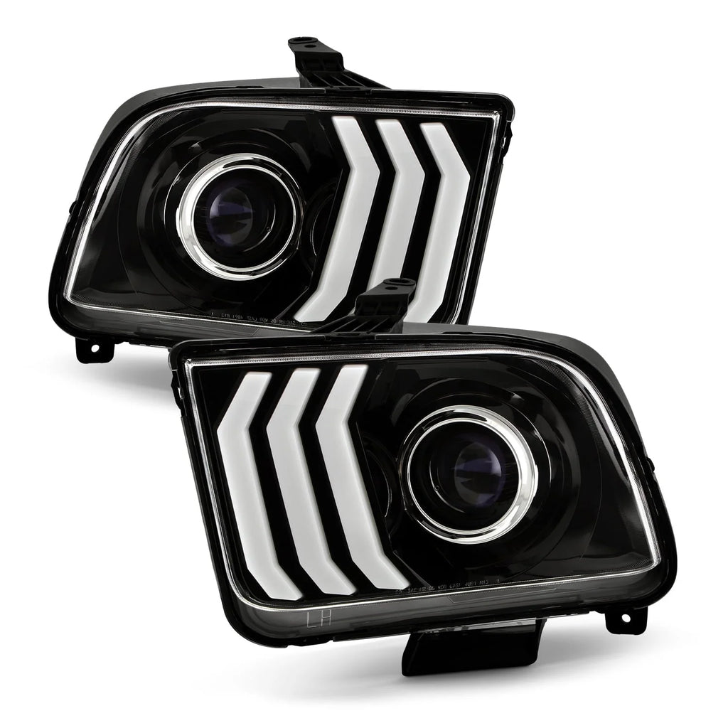 AKKON - Fits 2005-2009 Ford Mustang LED Tube DRL Parking Halogen Type Projector Black Headlights Pair Driver+Passenger