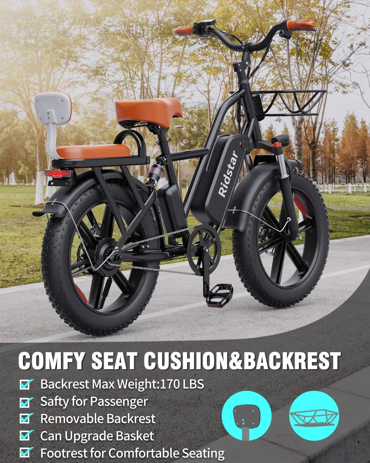 Bopzin 1000W Electric Bike for Adults 48V 15Ah Removable Battery Ebike 20 x 4.0 - 1000W