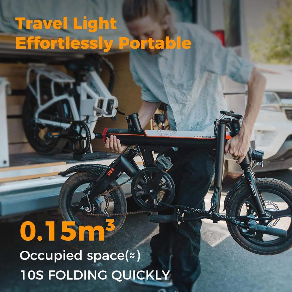 Jasion EB3 Electric Bike Adults 21mph, 500W Peak Motor, 270Wh Battery, Rear Suspension, 3 Levels Assist, 14′′ Folding Ebike for Adults and Teens, Complies to UL2849