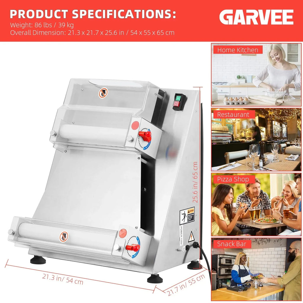 Garvee Commercial Pizza Dough Roller Sheeter, Max 16, Automatic 370W Electric Pizza Dough Roller, Stainless Steel, Suitable for Noodle, Pizza Bread and Pasta Maker Equipment