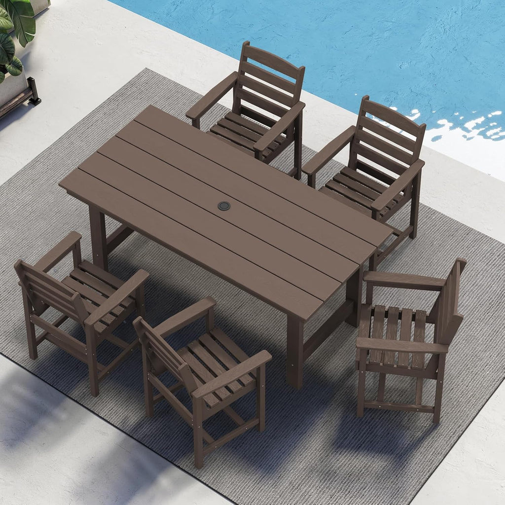 SERWALL 7-Piece Patio Table Set, Outdoor HDPE Dining Furniture with Umbrella Hole, All Weather Table and Chairs for Lawn, Garden, Poolside, Aruba