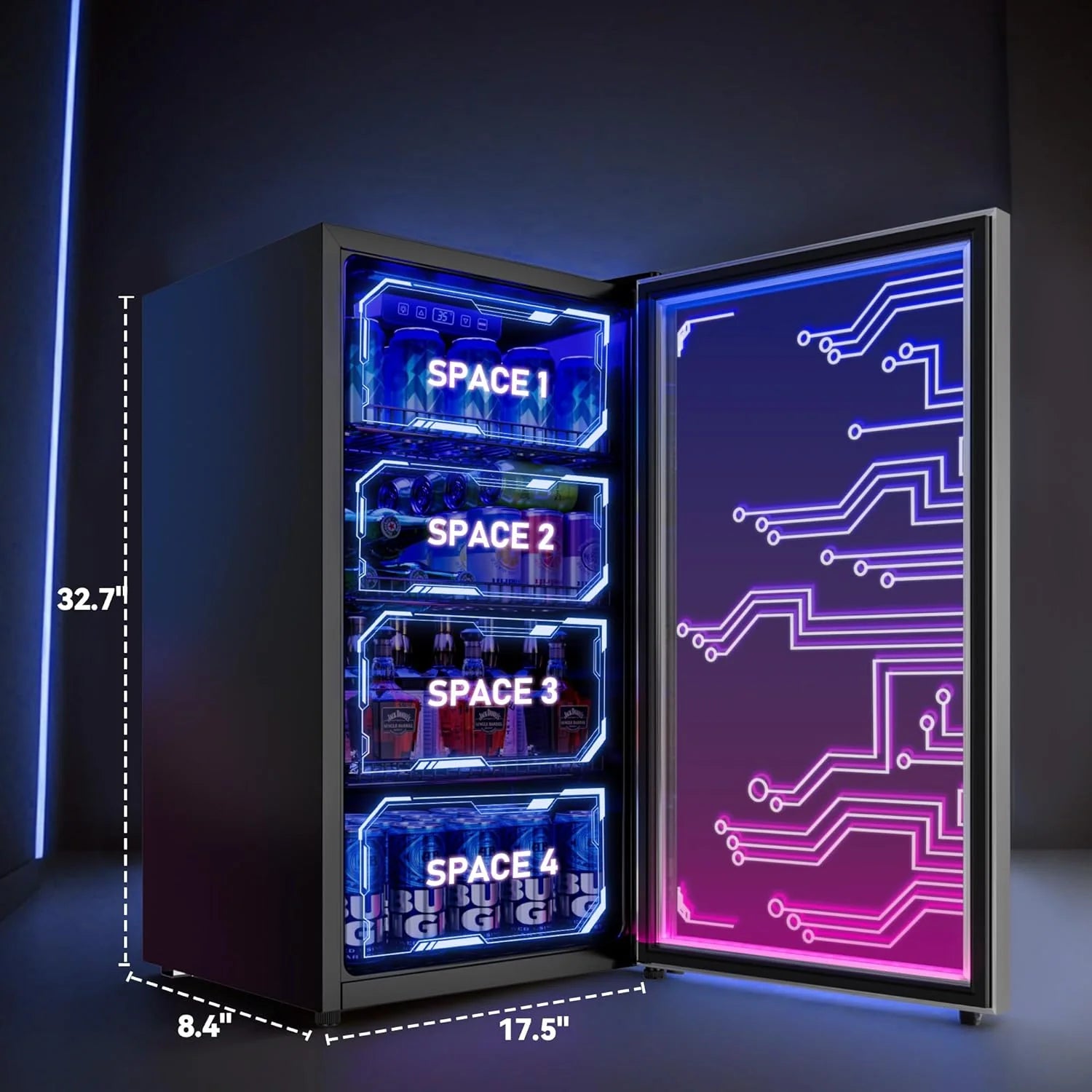Gaming LED Beverage Refrigerator, 120 Cans, Cyberpunk Style