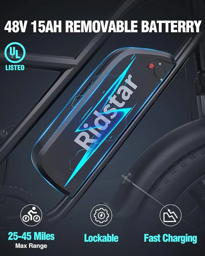 Bopzin 1000W Electric Bike for Adults 48V 15Ah Removable Battery Ebike 20 x 4.0 - 1000W