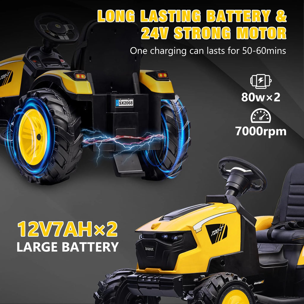 3-in-1 Ride-On Tractor, 24V Electric, Excavator & Bulldozer, Remote Control, LED, Music, USB/Bluetooth max 66 lbs – Bright-yellow