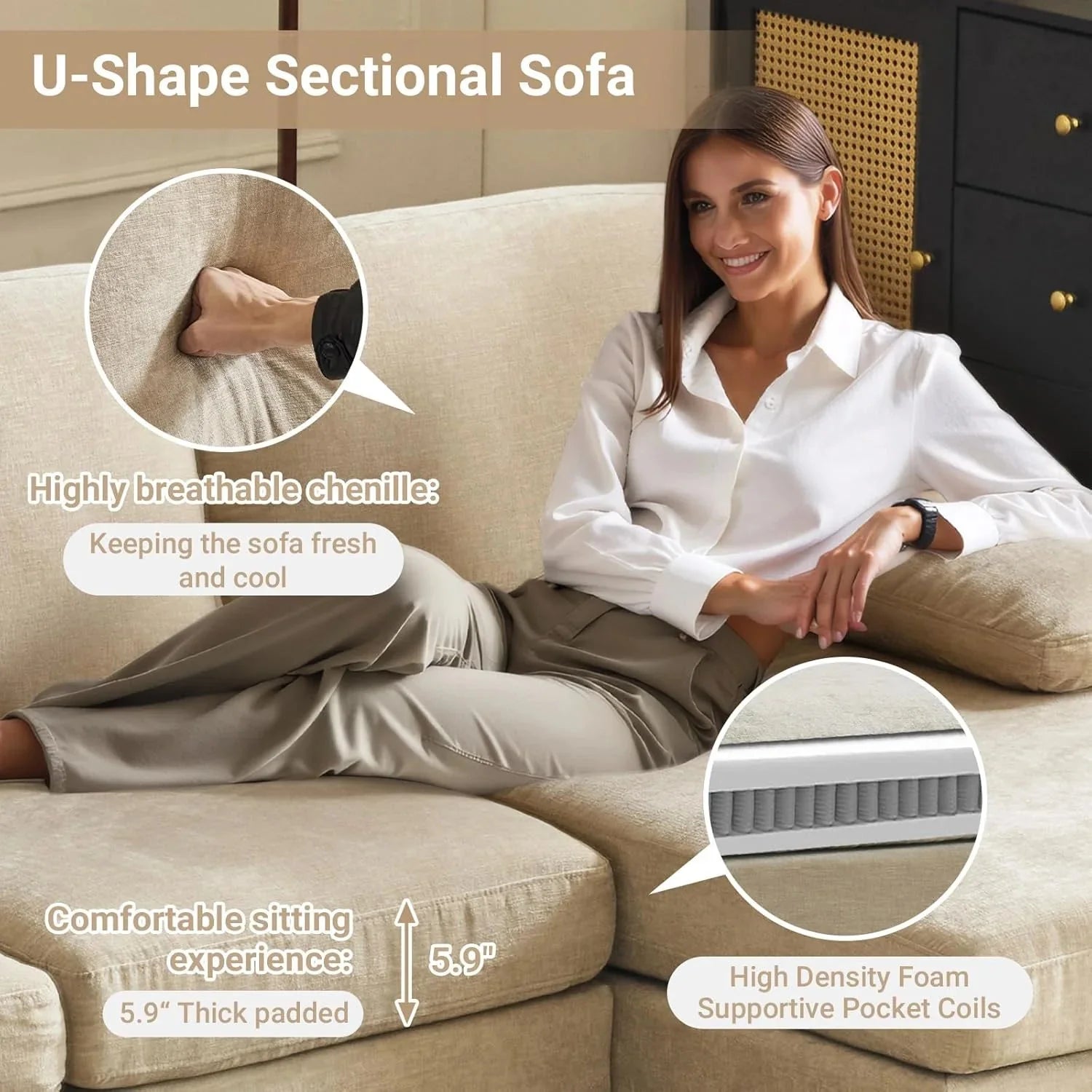 VINGLI 110 Sectional Couches for Living Room,U Shaped Couch with Double Chaise, 4-Seat Sofa Set with Chenille Fabric for Home Furniture,Beige