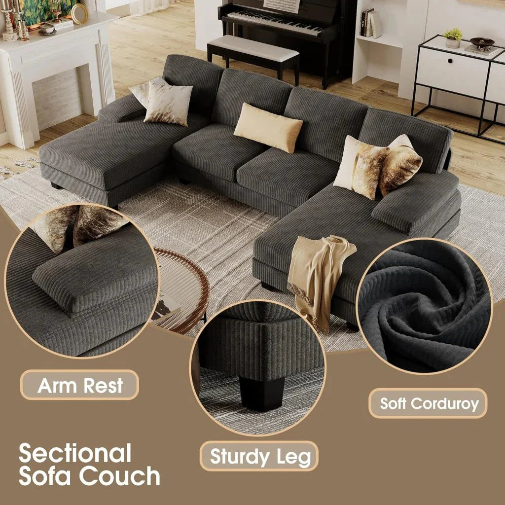 Furmax Sectional Couches for Living Room, U-Shaped Sofa Couch with Linen Fabric, 4 Seat Sofa Set with Double Chaise for Apartment (Fabric, Grey)