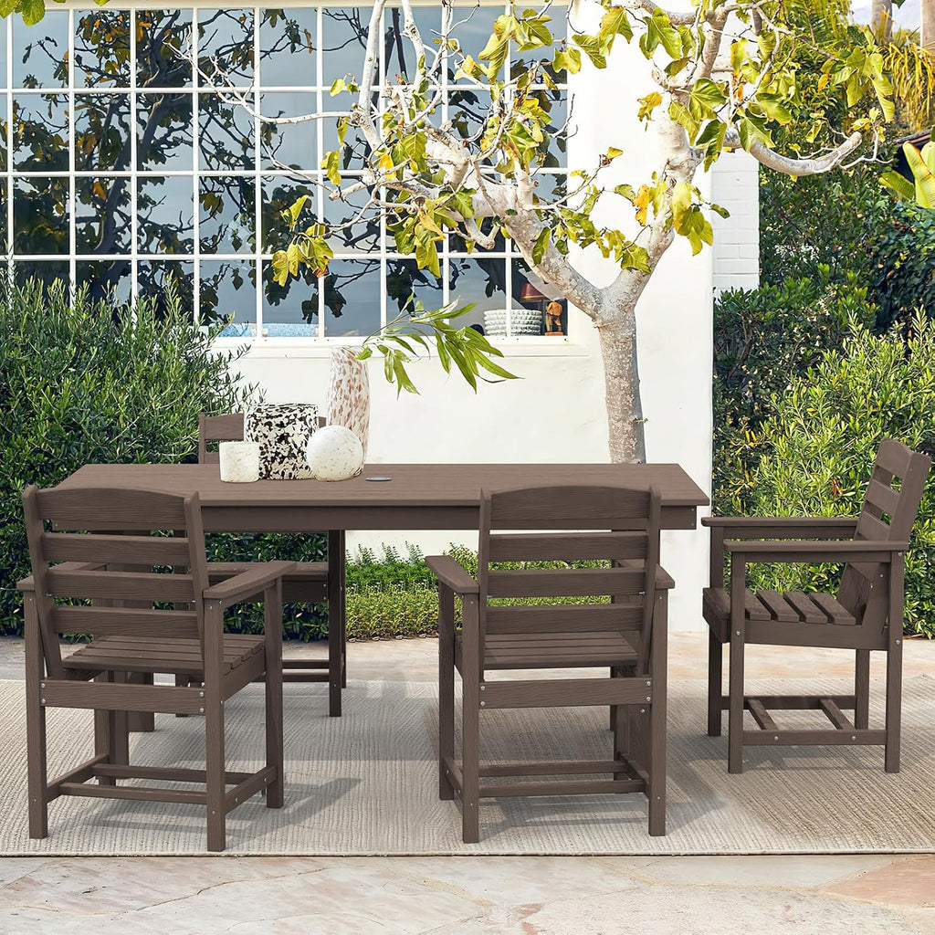 SERWALL 7-Piece Patio Table Set, Outdoor HDPE Dining Furniture with Umbrella Hole, All Weather Table and Chairs for Lawn, Garden, Poolside, Aruba