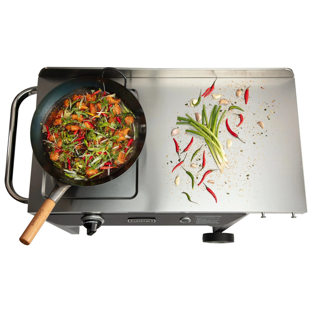 Cuisinart Outdoor Wok Station, 50,000 BTU Propane Outdoor Wok Burner w Prep Table, 14锟芥?锟斤拷 Carbon Steel Wok for Stir Fry, Searing, BBQ 锟斤拷 Black